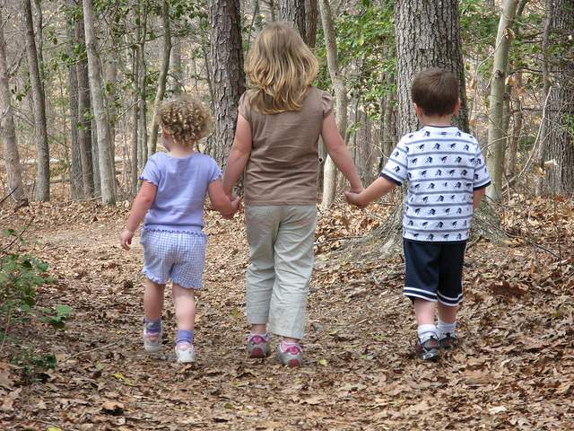 children walking in forest